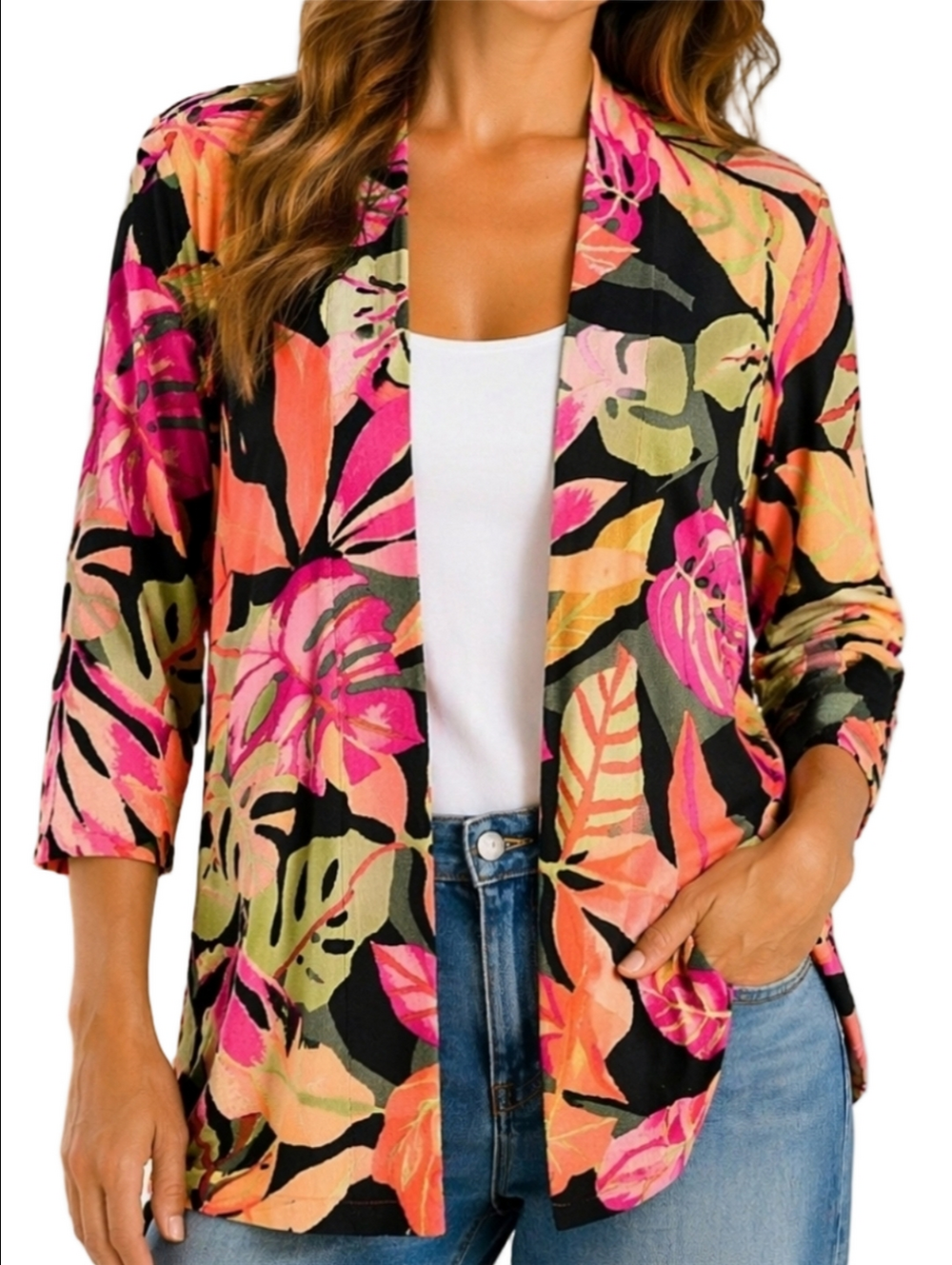 NWT Chico's The Perfect Layer Bright Tropical Print Lightweight Cardigan Sweater